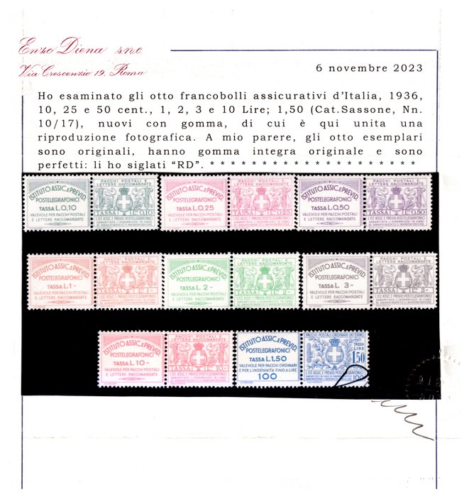 Italien Kongerige 1936/1936 - Certificerede forsikringsstempler - Sassone 10-17