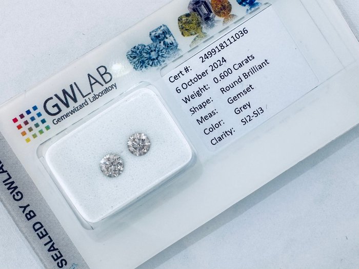 Ingen mindstepris - 2 pcs Diamant  (Naturfarvet)  - 0.60 ct - Rund - Fancy light Grå - SI2, SI3 - Gemewizard Gemological Laboratory (GWLab) - (NATURLIGE FANCY FARVE)