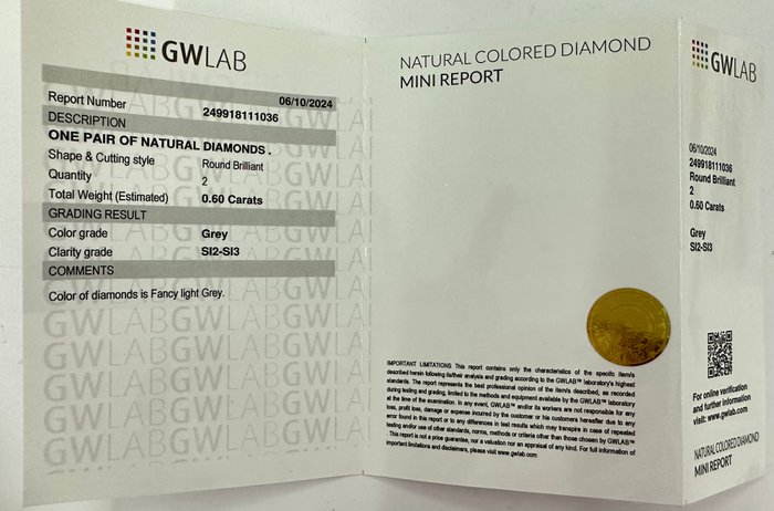 Ingen mindstepris - 2 pcs Diamant  (Naturfarvet)  - 0.60 ct - Rund - Fancy light Grå - SI2, SI3 - Gemewizard Gemological Laboratory (GWLab) - (NATURLIGE FANCY FARVE)