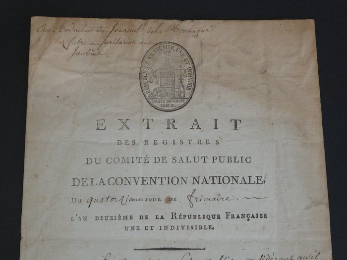 Lazare Carnot  Claude-Antoine Prieur-Duvernois - Révolution française - La terreur - Lettre manuscrite signée - Extrait des registres du Comité du Salut Public - 1793