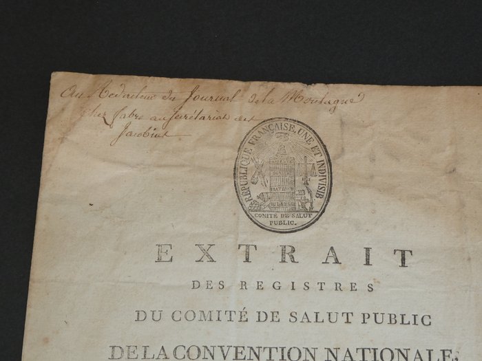 Lazare Carnot  Claude-Antoine Prieur-Duvernois - Révolution française - La terreur - Lettre manuscrite signée - Extrait des registres du Comité du Salut Public - 1793