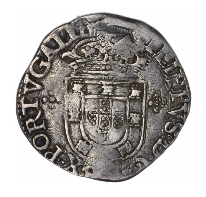 Portugal D Filipe I (1580-1598) Tostão (100 Reais) - Lisboa - REX•PORTVGALIE / IN•HOC✤SIGNO - Escudo Ladeado - Legenda não Referenciada