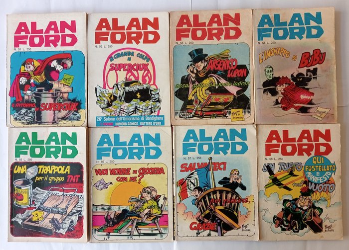 Alan Ford nn. 51/66 - sequenza completa + adesivo - 16 Comic - 1973/1974