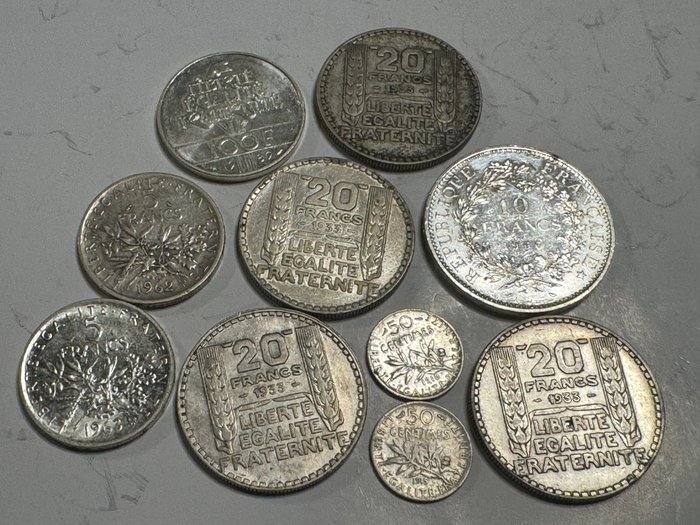 Frankrig. Lot of 10 silver coins (50 Centimes to 100 Francs) 1915/1989  (Ingen mindstepris)