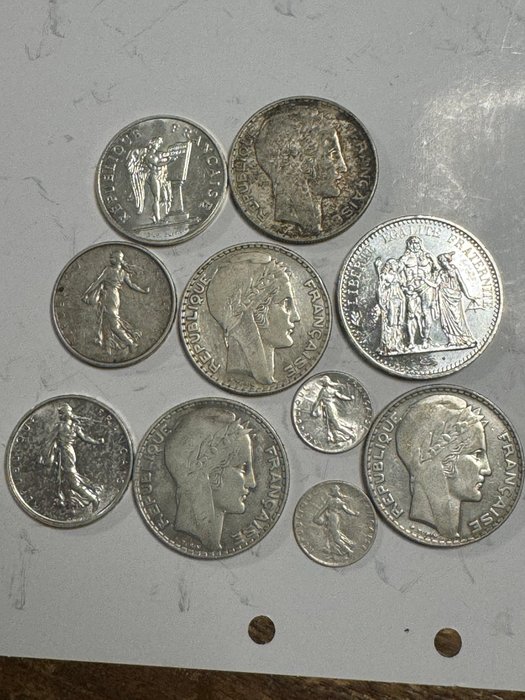 Frankrig. Lot of 10 silver coins (50 Centimes to 100 Francs) 1915/1989  (Ingen mindstepris)