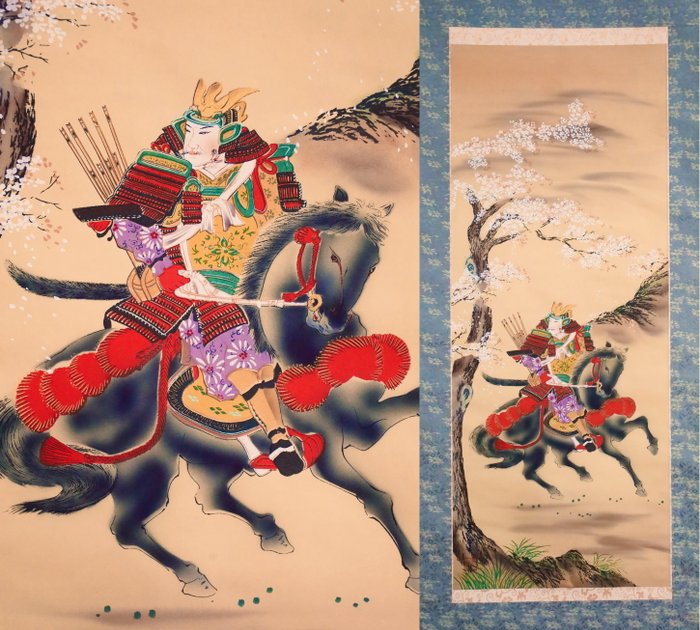 Cherry Blossoms - 侍 Samurai on Horseback - Hanging Scroll - Housetsu 芳雪 - Japan  (Ingen mindstepris)