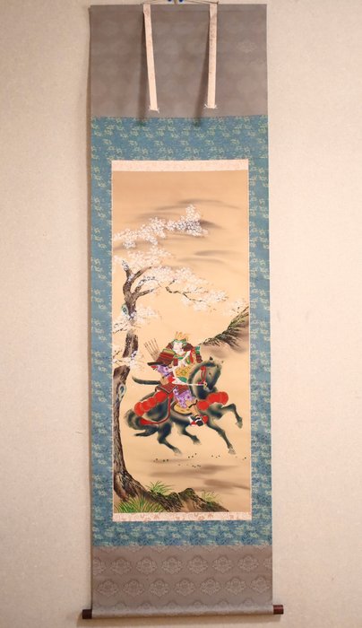 Cherry Blossoms - 侍 Samurai on Horseback - Hanging Scroll - Housetsu 芳雪 - Japan  (Ingen mindstepris)