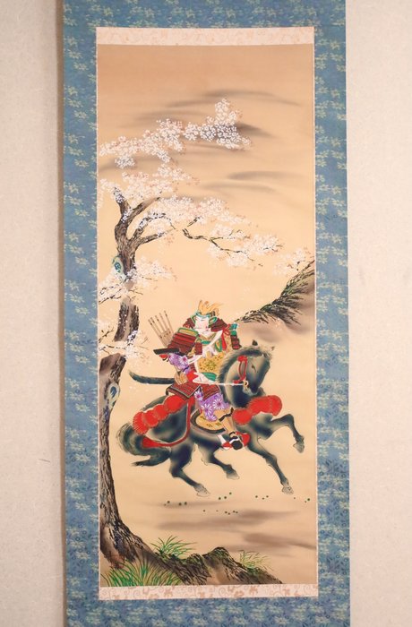 Cherry Blossoms - 侍 Samurai on Horseback - Hanging Scroll - Housetsu 芳雪 - Japan  (Ingen mindstepris)