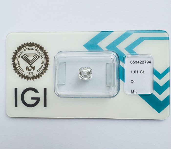 1 pcs Diamant  (Natur)  - 1.01 ct - Smaragd - D (farveløs) - IF - International Gemological Institute (IGI) - *VG EX*