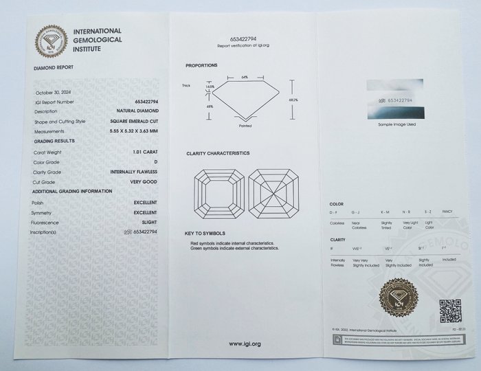 1 pcs Diamant  (Natur)  - 1.01 ct - Smaragd - D (farveløs) - IF - International Gemological Institute (IGI) - *VG EX*