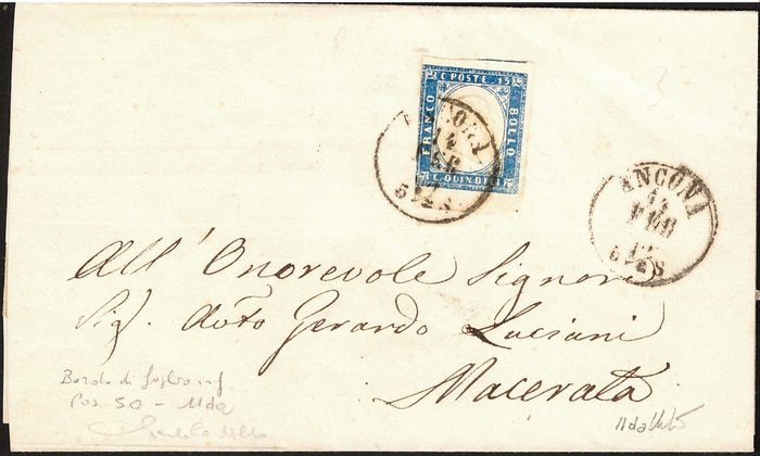 Italien Kongerige 1863 - 15 c. n. 11da på brev fra Ancona RRR - Sassone 11da