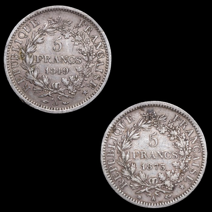 Frankrig. 5 Francs 1849-A y 1873-A (2 monedas)  (Ingen mindstepris)