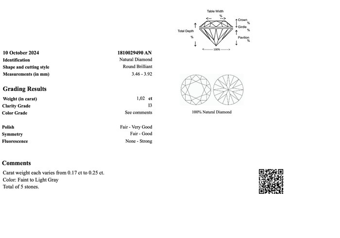 Ingen mindstepris - 5 pcs Diamant  (Natur)  - 1.02 ct - Rund - I3 - Gem Report Antwerp (GRA) - INGEN RESERVEPRIS