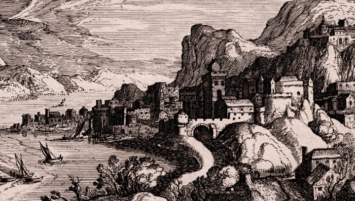 Matthijs Bril  (1550–1583),  Simon Frisius  (1580–1628) - Topographia Variarum Regionum - Alpine Landscape, possibly Trento