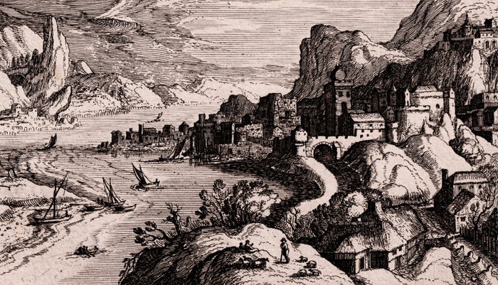 Matthijs Bril  (1550–1583),  Simon Frisius  (1580–1628) - Topographia Variarum Regionum - Alpine Landscape, possibly Trento