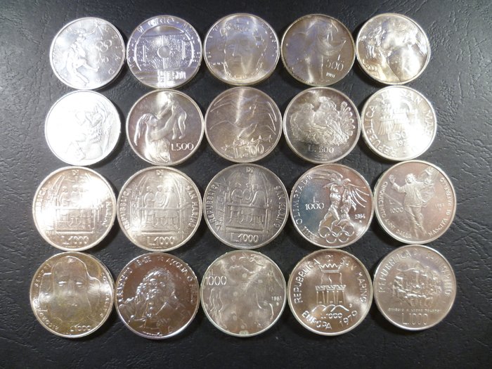 San Marino. 500 Lire/ 1000 Lire 1972/1984 (20 monete) - 0.835 silver coins