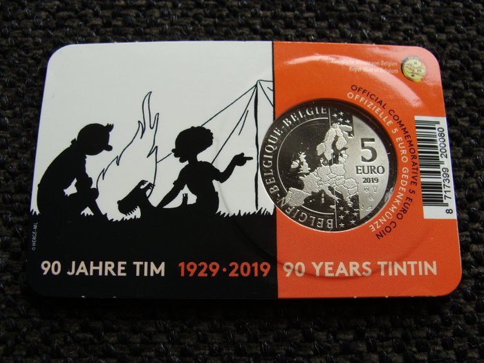 Belgien. 5 Euro 2019 "90 Jaar Kuifje" Gekleurd in coincard  (Ingen mindstepris)