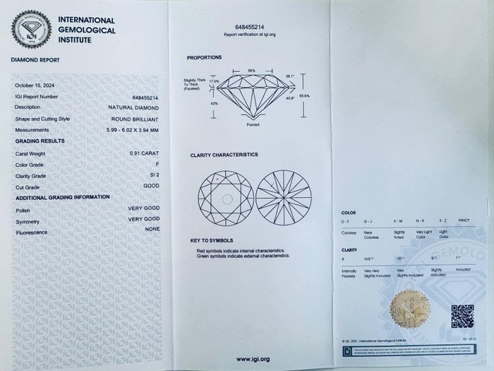 1 pcs Diamant  (Natur)  - 0.91 ct - Rund - F - SI2 - International Gemological Institute (IGI)