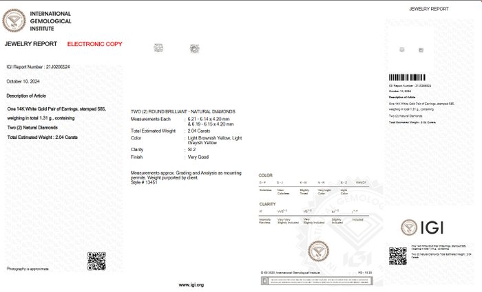 Øreringe - 14 karat Hvidguld -  2.04ct. tw. Blandet brun Diamant (Naturfarvet) - IGI