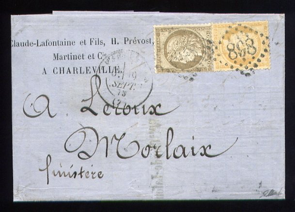 Frankrig 1873 - Sjældent brev fra Charleville til Niort med nr. 38  56 - Lafontaine-tillæg