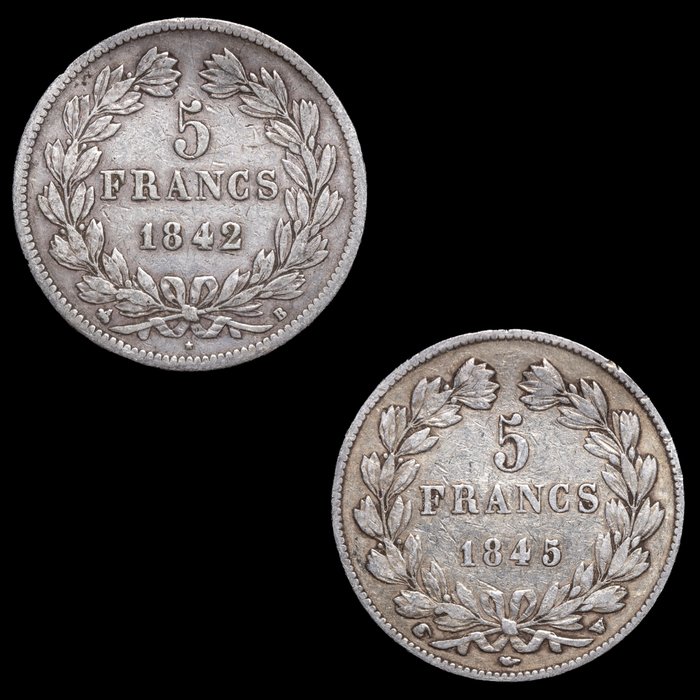 Frankrig. Ludvig-Filip 1. (1830-1848). 5 Francs 1842-B y 1845-W (2 monedas)  (Ingen mindstepris)