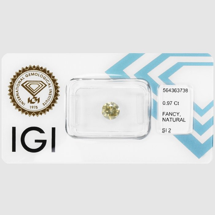 1 pcs Diamant  (Natur)  - 097 ct - Rund - SI2 - International Gemological Institute (IGI) - fancy lys brunlig gul