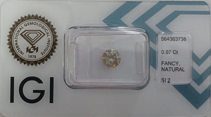 1 pcs Diamant  (Natur)  - 097 ct - Rund - SI2 - International Gemological Institute (IGI) - fancy lys brunlig gul