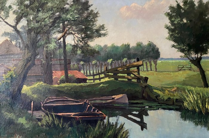 Jan Baars (1906-1972) - Polderlandschap met bootjes