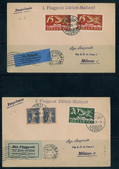 Schweiz 1925/1925 - SCHWEIZ - Første flyvning Zürich - Milano den 9.9.25: 2 breve med fly med periodeporto.