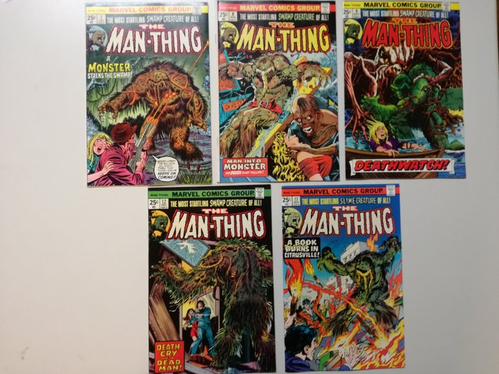 The most Startling Swamp Creature of all ! The Man-Thing 7-9, 12, 17 - 5 Comic - Første udgave - 1974/1975