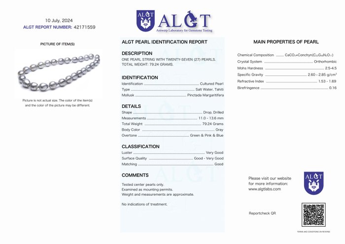 Halskæde ALGT-certificerede 11,0 x 13,6 mm regnbuepåfugle Tahitiske perler