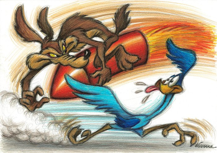 Joan Vizcarra - Wile E. Coyote Chasing Road Runner - Original Pencil Drawing - Hand Signed