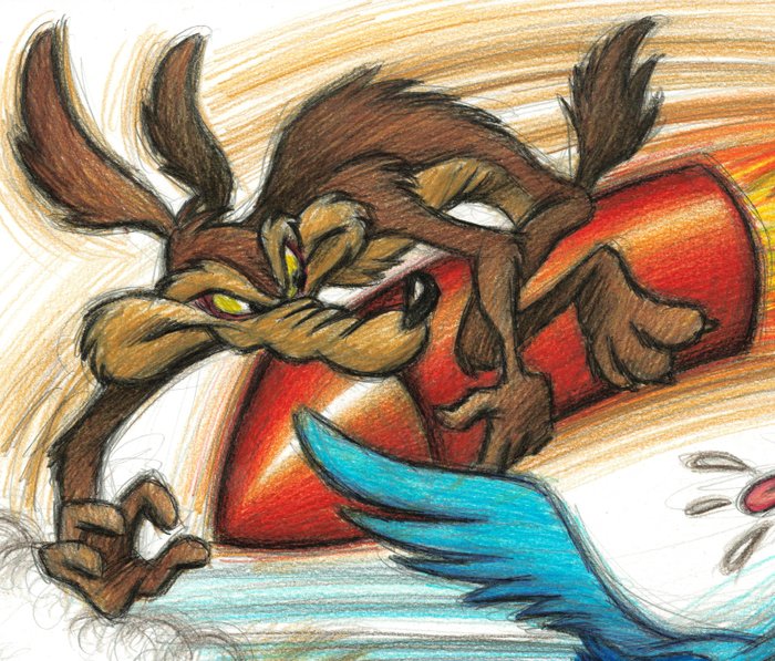 Joan Vizcarra - Wile E. Coyote Chasing Road Runner - Original Pencil Drawing - Hand Signed