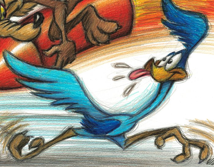 Joan Vizcarra - Wile E. Coyote Chasing Road Runner - Original Pencil Drawing - Hand Signed