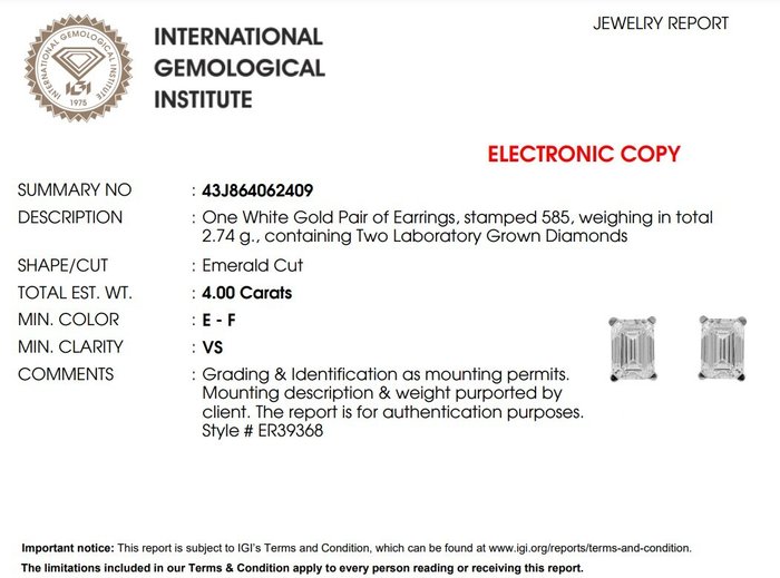 Øreringe - 14 karat Hvidguld -  4.00ct. tw. Diamant (Laboratoriedyrket)