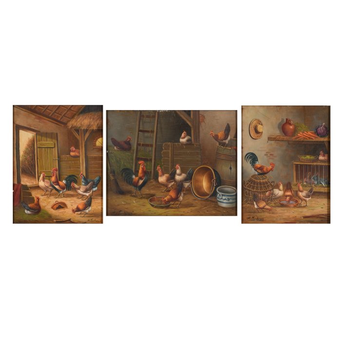 Hermanus van Tankeren (1800-1890) - Triptyc of chickens and roosters in a barn