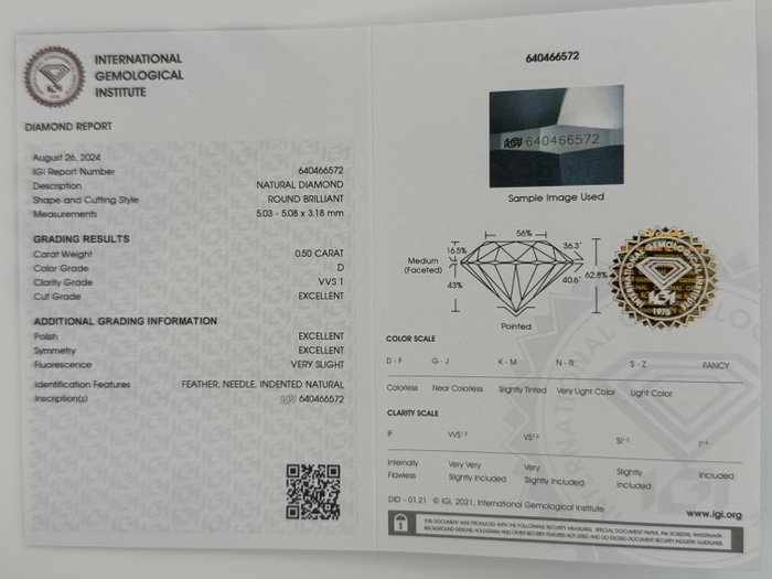 1 pcs Diamant  (Natur)  - 050 ct - Rund - D (farveløs) - VVS1 - International Gemological Institute (IGI) - *3EX*