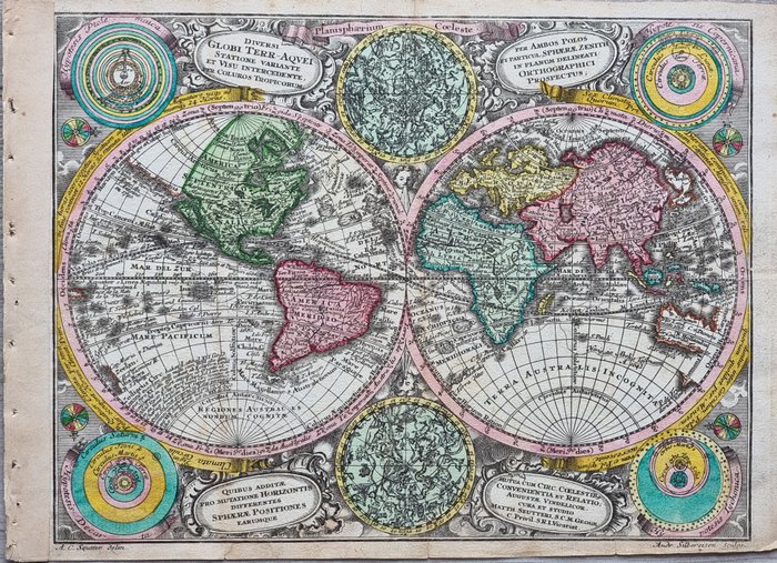 World - Verdenskort og himmelplanisfære; Matthäus Seutter - Diversi Globi Terr-acquei - 1751-1760