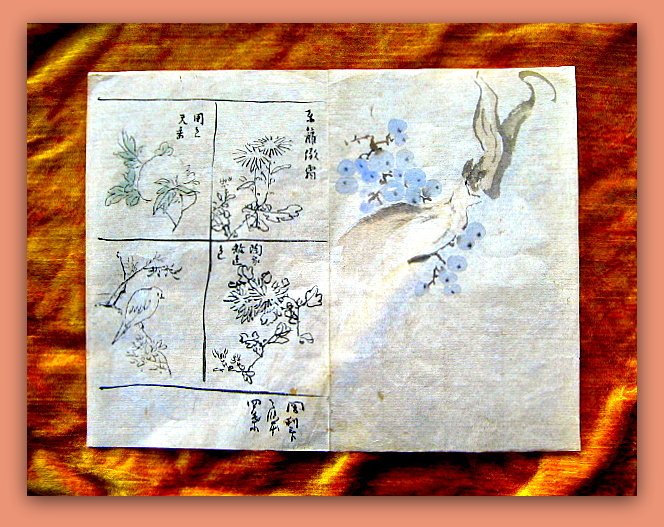 Fukuda Chiyo-ni 福田 千代尼  Kaga no Chiyo 加賀 千代女 - "Die Morgenröte" Daimyō Signaturen mit vielen Adels-Siegel Haiku-Dichtung mit Haiga-Versen - 1730