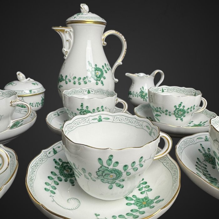 Meissen - Kaffe og te service (15) - zielony kwiat indyjski - Porcelæn - Meissen service