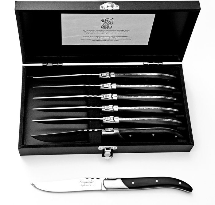 Laguiole - 6x Luxury Steak Knives - Black Ebony Wood - style de - Bordknive sæt (6) - Ibenholt træ