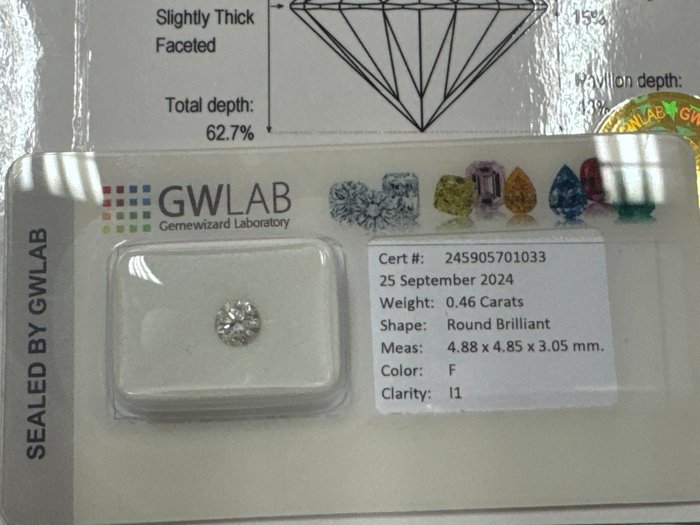 Ingen mindstepris - 1 pcs Diamant  (Natur)  - 0.46 ct - Rund - F - I1 - Gemewizard Gemological Laboratory (GWLab)