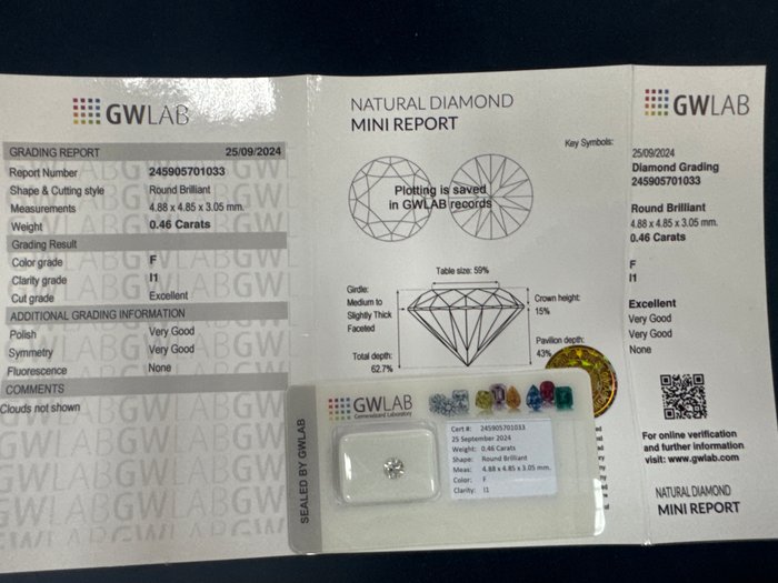 Ingen mindstepris - 1 pcs Diamant  (Natur)  - 0.46 ct - Rund - F - I1 - Gemewizard Gemological Laboratory (GWLab)