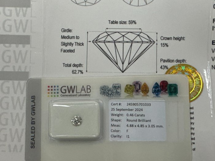 Ingen mindstepris - 1 pcs Diamant  (Natur)  - 0.46 ct - Rund - F - I1 - Gemewizard Gemological Laboratory (GWLab)