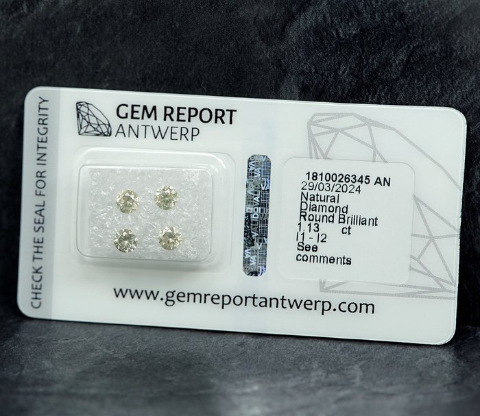 4 pcs Diamant  (Natur)  - 1.13 ct - I1, I2 - Gem Report Antwerp (GRA)