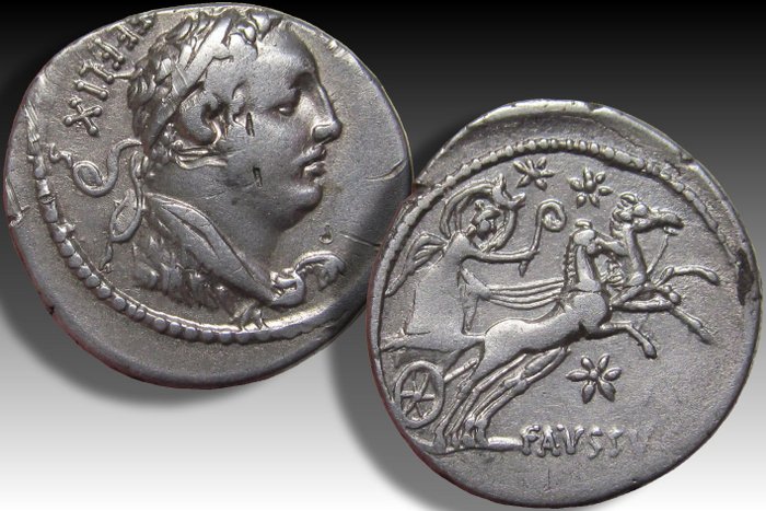 Romerska republiken. Faustus Cornelius Sulla, 56 f.Kr.. Denarius Rome mint