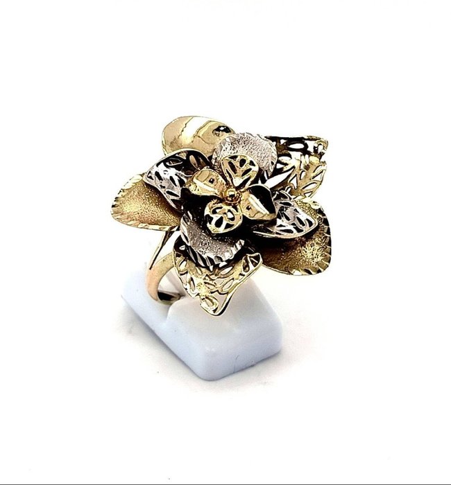 Ring - 14 karat Gulguld, Hvidguld, Unik Work Flower Ring Bicolour Gold, RS 60 - Unik blomst kvinde ring