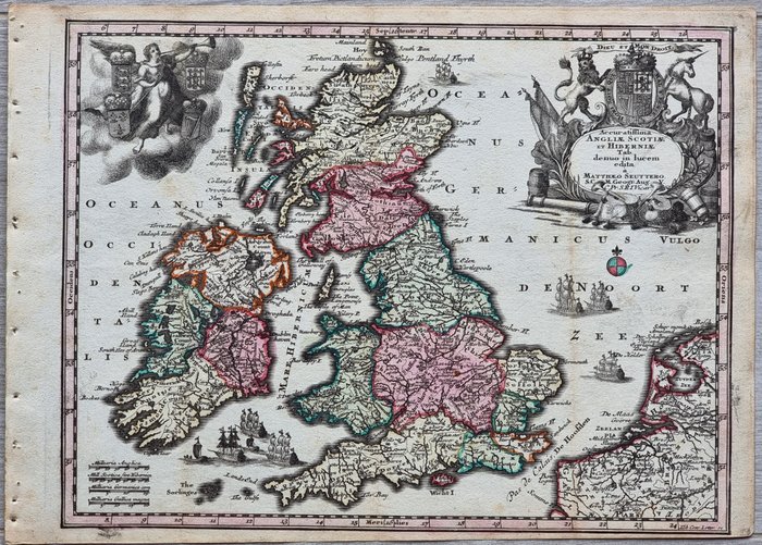 Storbritannien - Kort; Matthäus Seutter (1678 – 1757) - Carta Geografica "Isole Britanniche" - Angliae, Scotiae et Hiberniae - 1751-1760