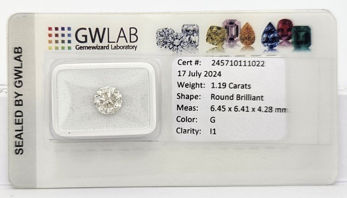 1 pcs Diamant  (Natur)  - 1.19 ct - Rund - G - I1 - Gemewizard Gemological Laboratory (GWLab)