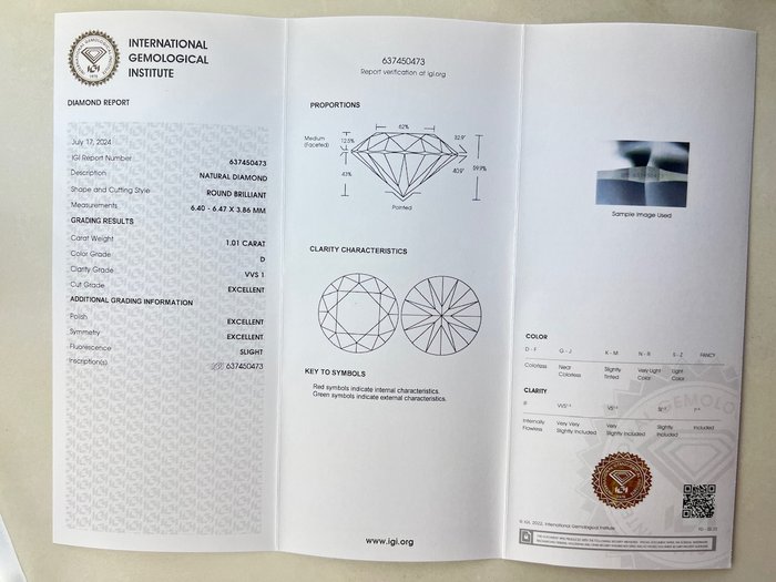 Ingen mindstepris - 1 pcs Diamant  (Natur)  - 1.01 ct - Rund - D (farveløs) - VVS1 - International Gemological Institute (IGI)